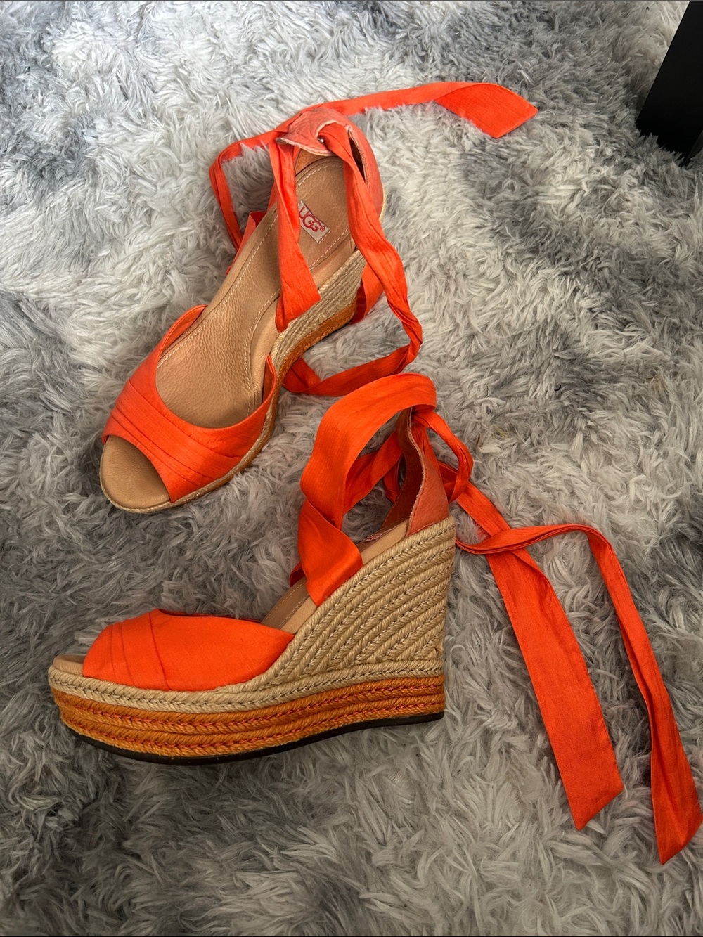UGG Orange Espadrille Wedge Sandals with Ankle Ties